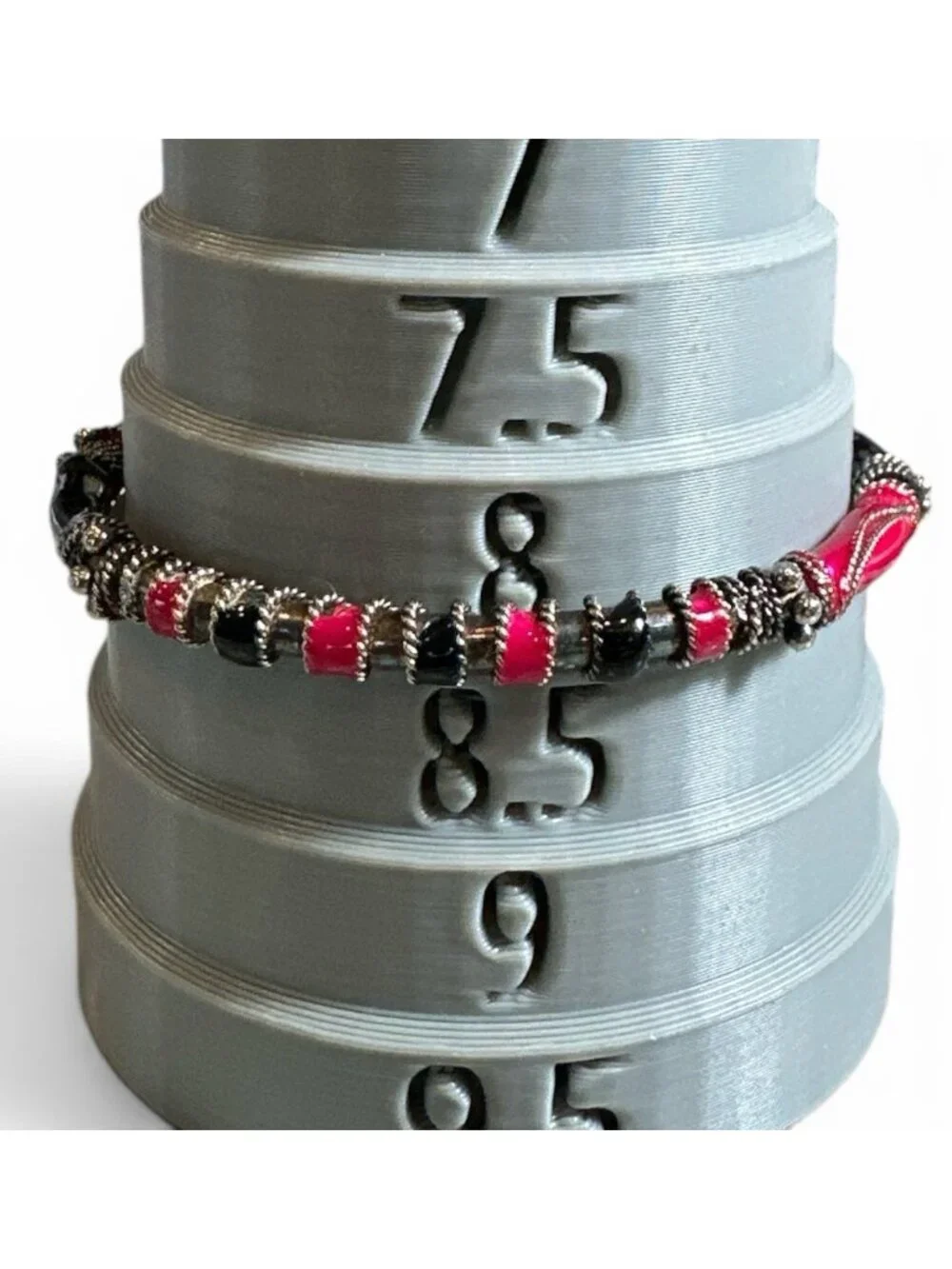 Vintage Bangle Bracelet Bright Pink Navy Metallic Enamel & Beaded Accents